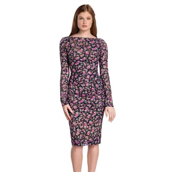 Dress The Population Black Multi Mona Long Sleeve Floral Lace Dress Size Medium - Picture 1 of 16